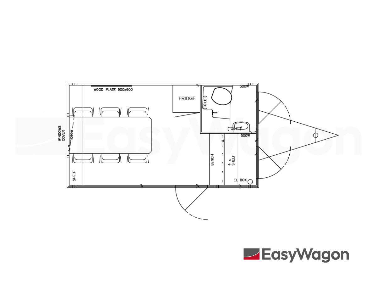TYPE 450: Schaftwagen:kantoor - 6 personen - tanktoilet - gereedschapskamer - 3 deuren1