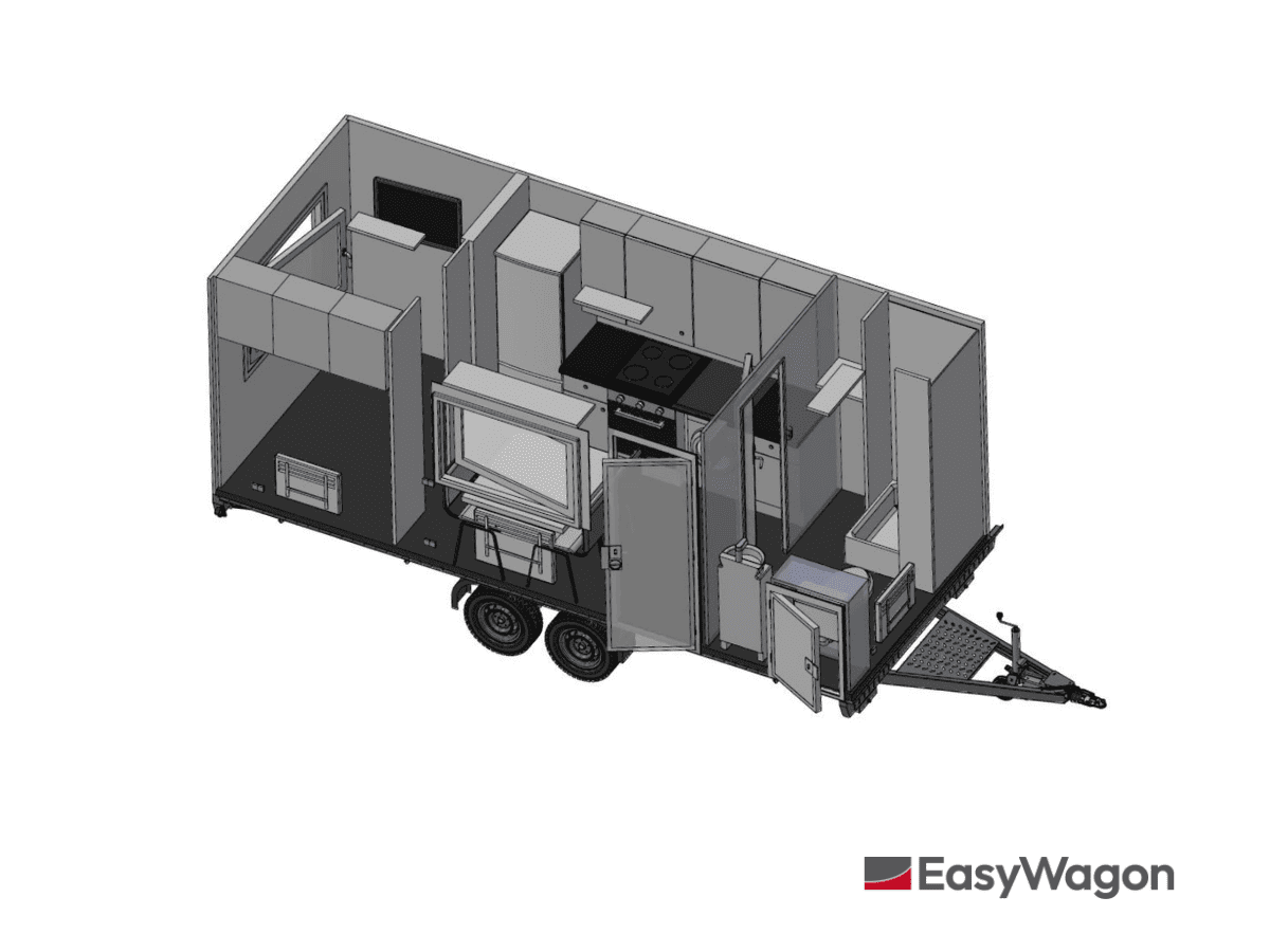 TYPE 570: Slaapwagen - bed 2 personen - 1 slaapkamer met schuifdeur - keuken - 1 douche - 1 toilet1