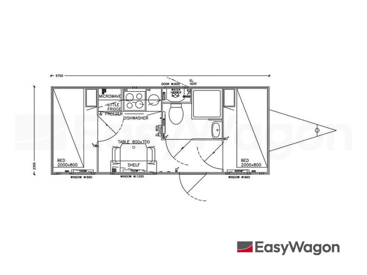 TYPE 570: Slaapwagen - bed 2 personen - 2 slaapkamers - keuken - 1 douche - 1 toilet8
