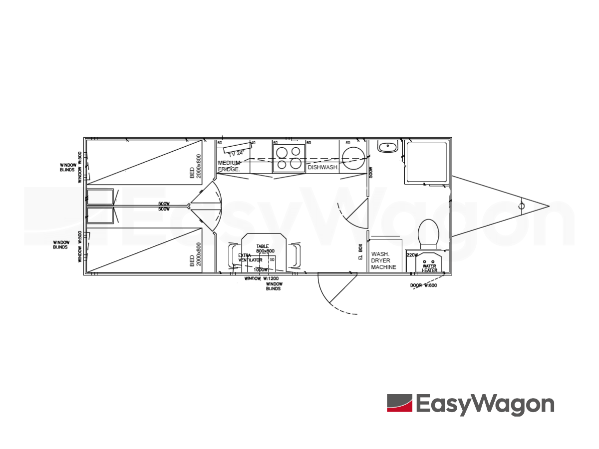 TYPE 660: Slaapwagen - bed 2 personen - 2 slaapkamers met schuifdeur - keuken - 1 douche - 1 toilet9