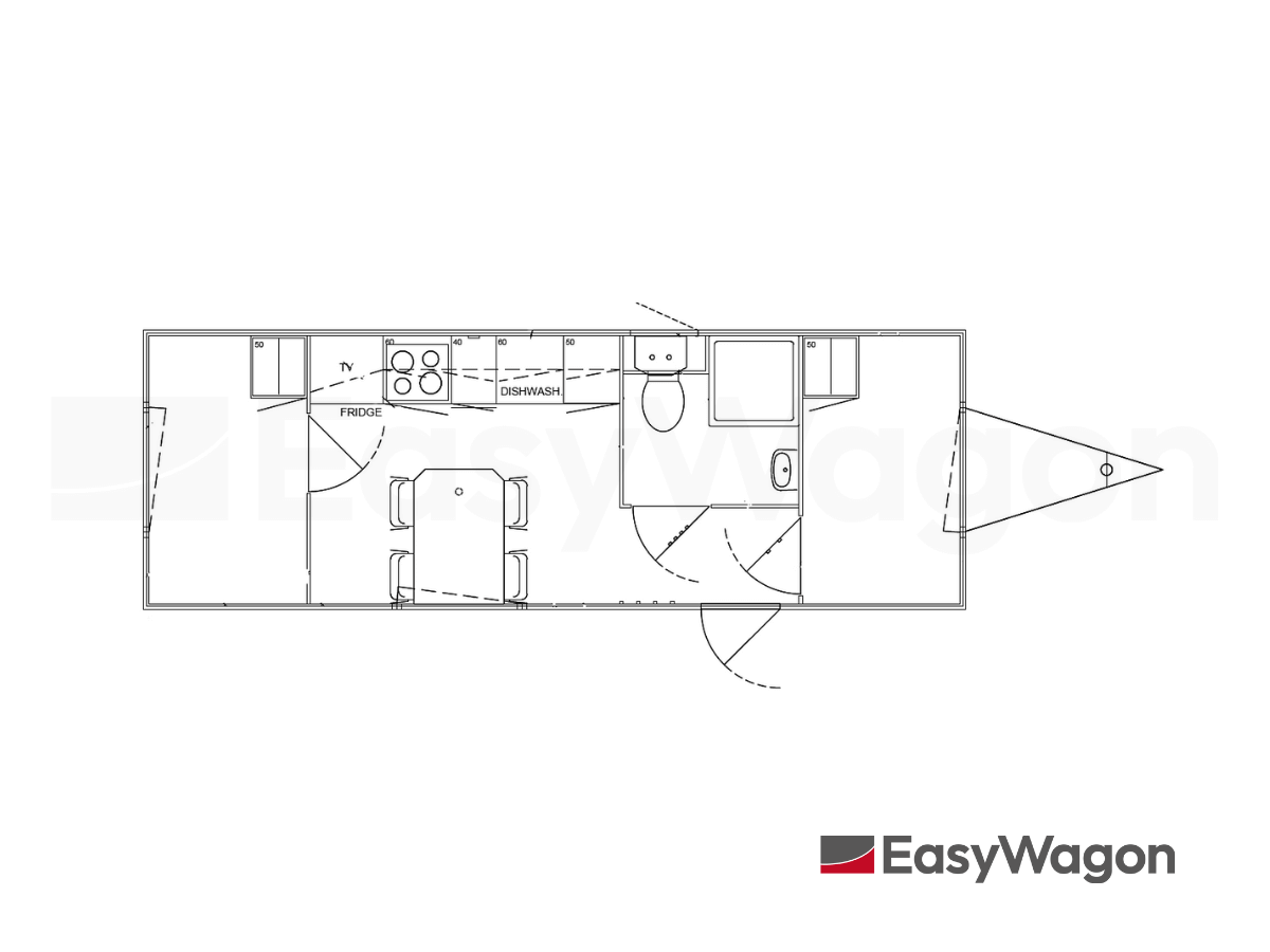 TYPE 733: Slaapwagen - bed 2 tot 4 personen - 2 slaapkamers met schuifdeur - keuken - 1 douche - 1 toilet9