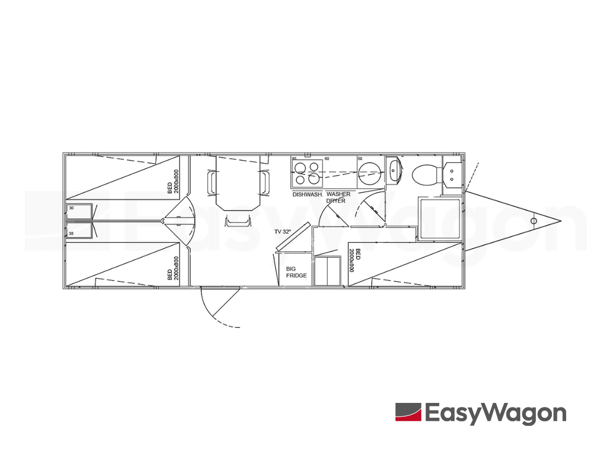 TYPE 733: Slaapwagen - bed 3 personen - 2 slaapkamers met schuifdeur - keuken - 1 douche - 1 toilet9